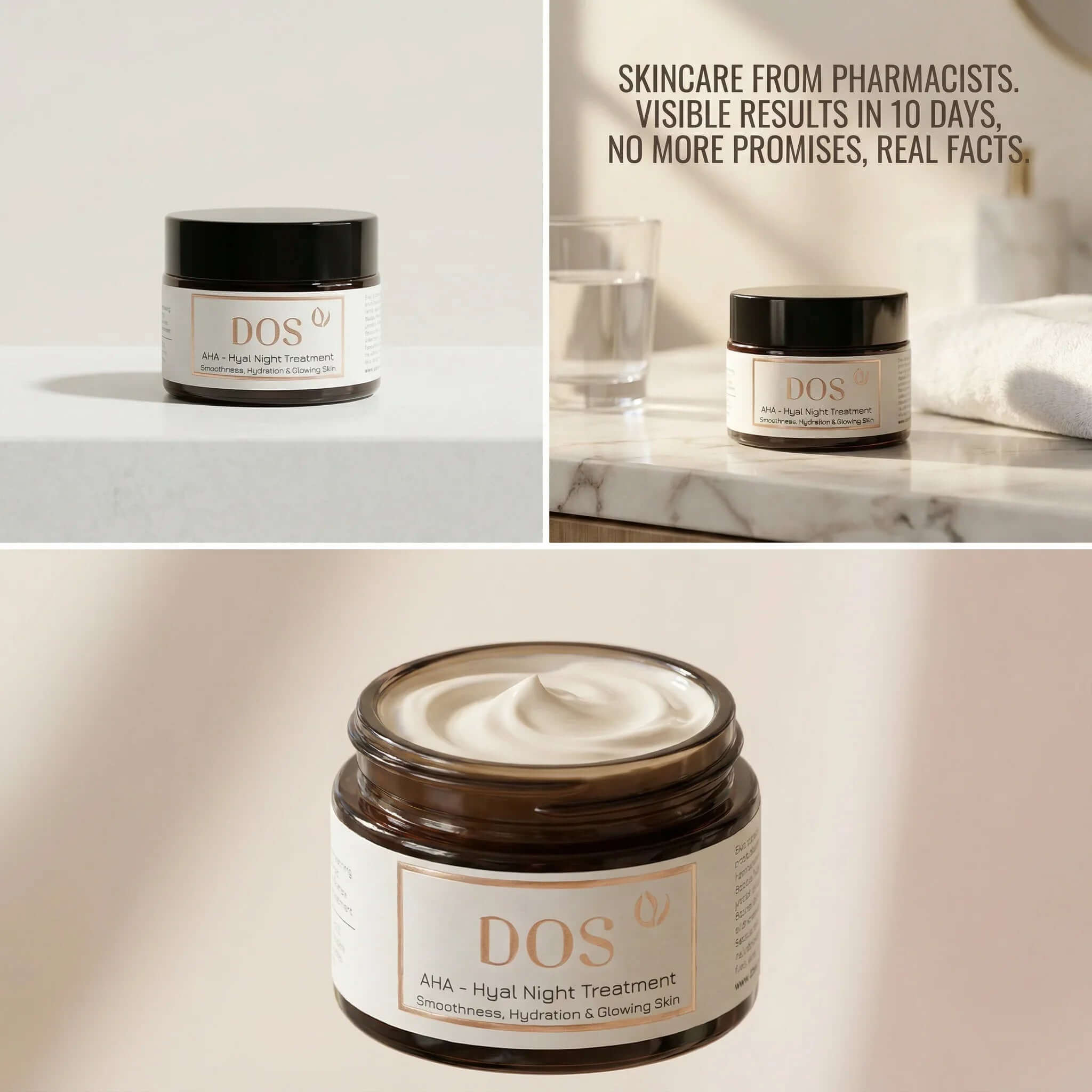 AHA night cream in a jar with smooth texture, promoting hydration and glowing skin for overnight transformation. DOS Cosmetics