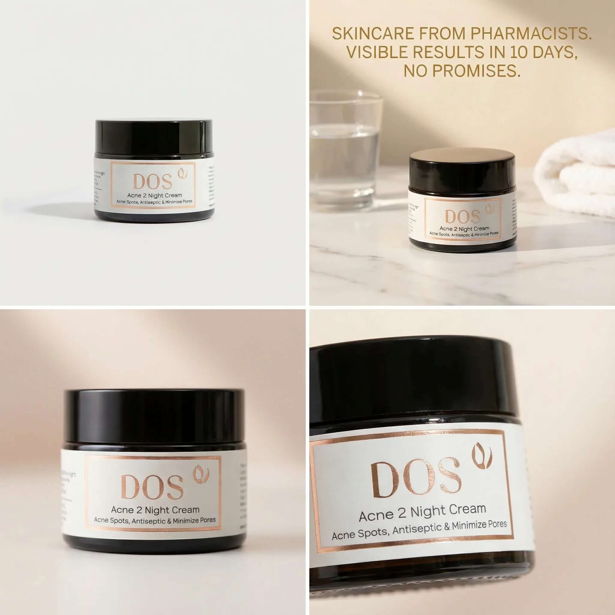 Acne night cream DOS Acne 2 Night Cream jar for targeted acne treatment and overnight healing. DOS Cosmetics