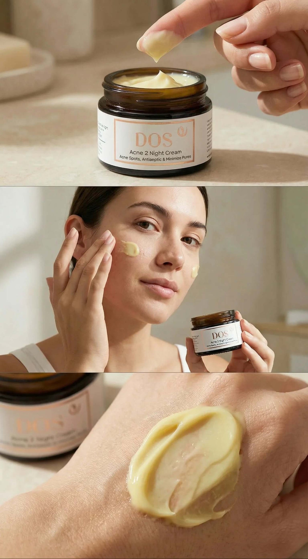 Acne night cream application on skin with product jar in background for acne-prone skin care. DOS Cosmetics