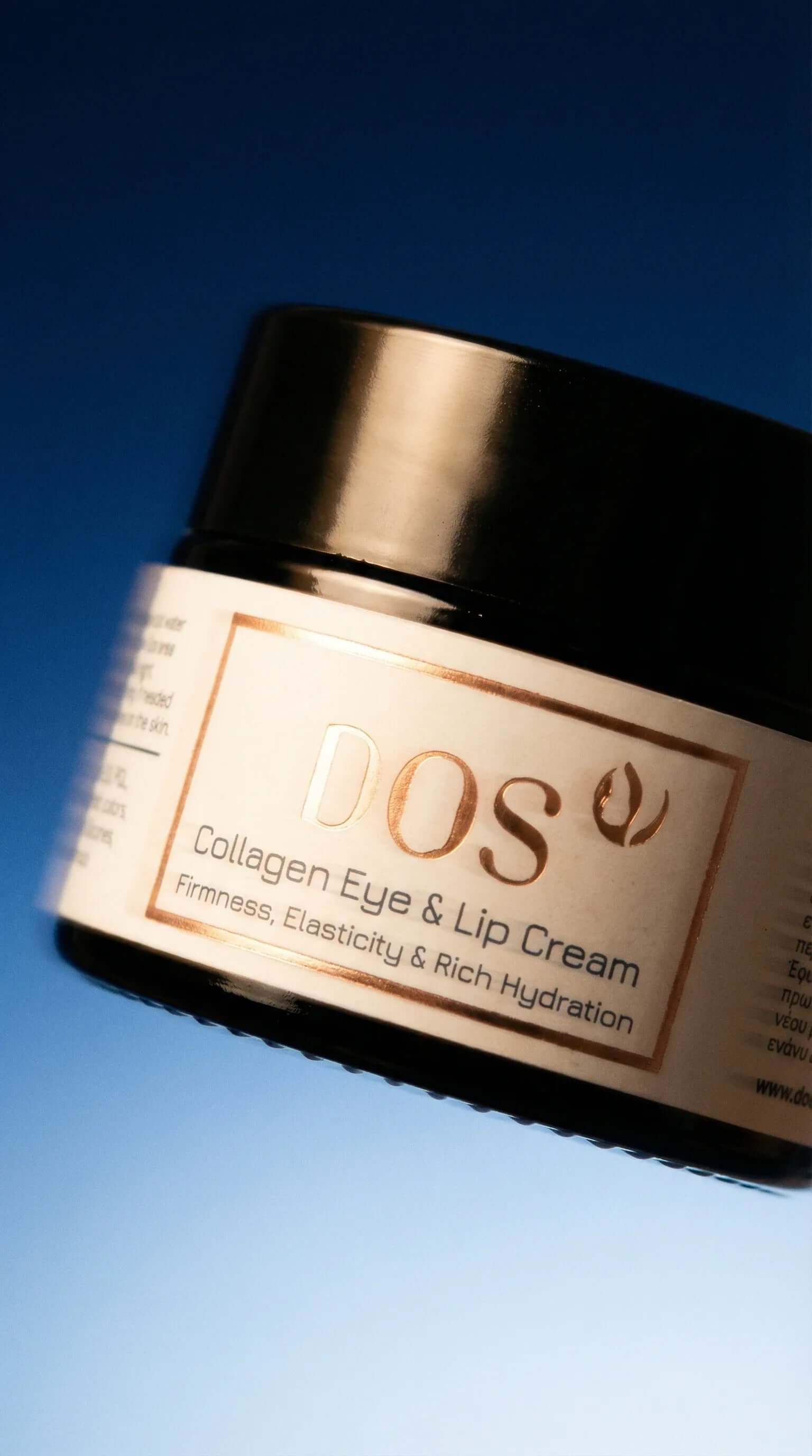 Collagen Eye Cream jar with label showing firmness and hydration benefits for eyes and lips. DOS Cosmetics