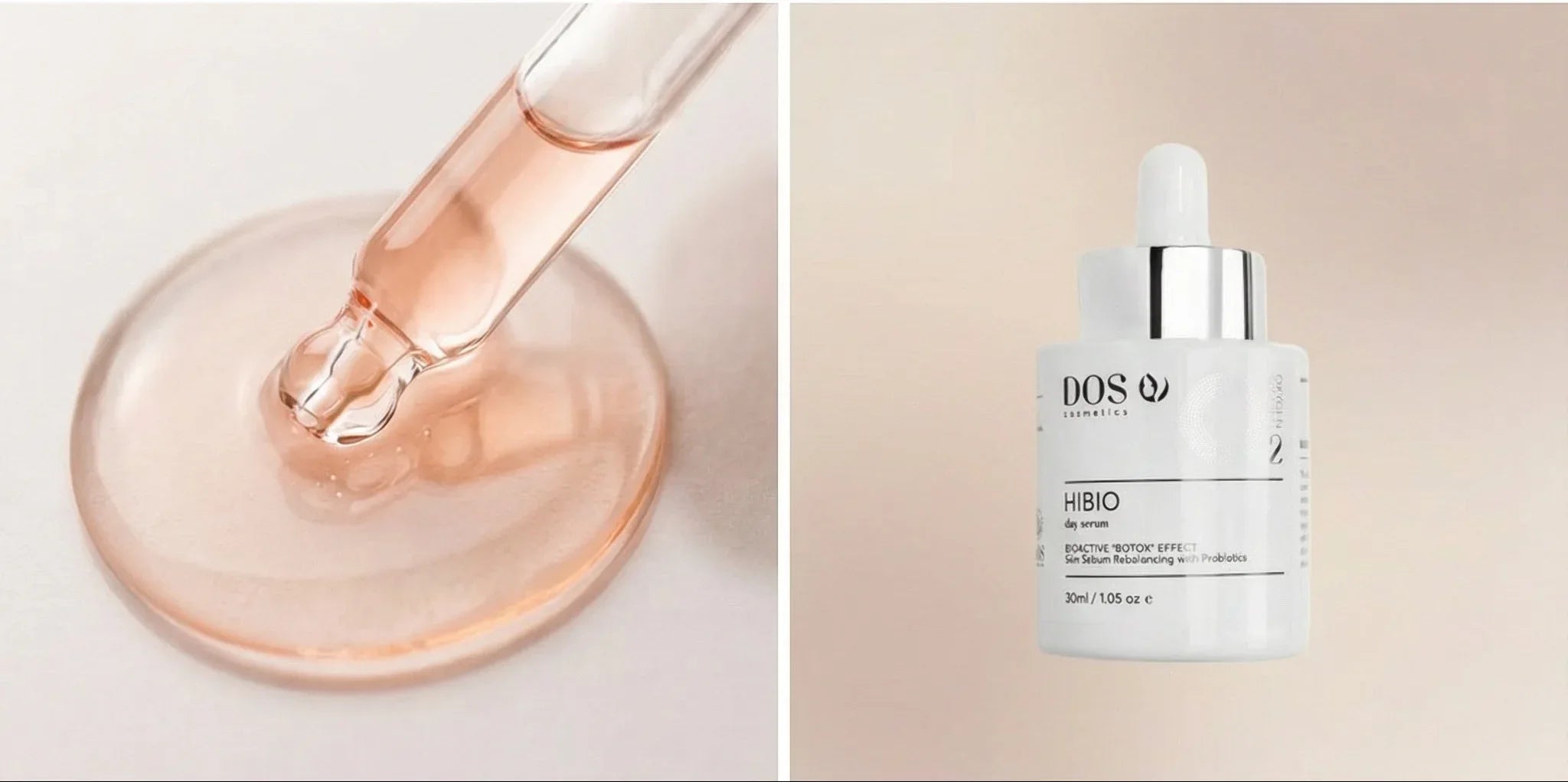 Hibio Day Serum of DOS Skincare serum bottles and dropper on a neutral texture