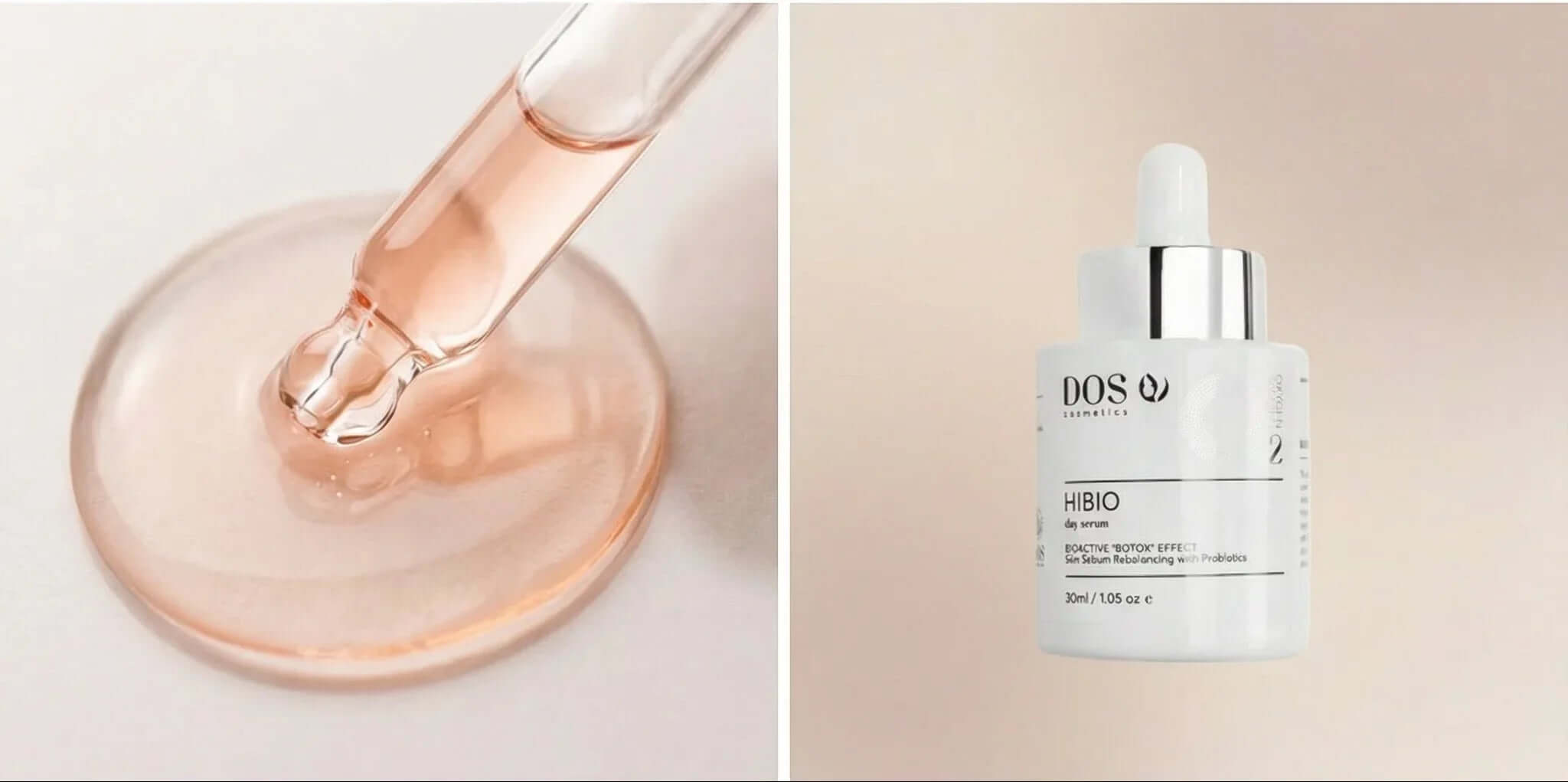 Hyaluronic day serum dropper with serum on skin, showcasing hydration and balance benefits. DOS COSMETICS