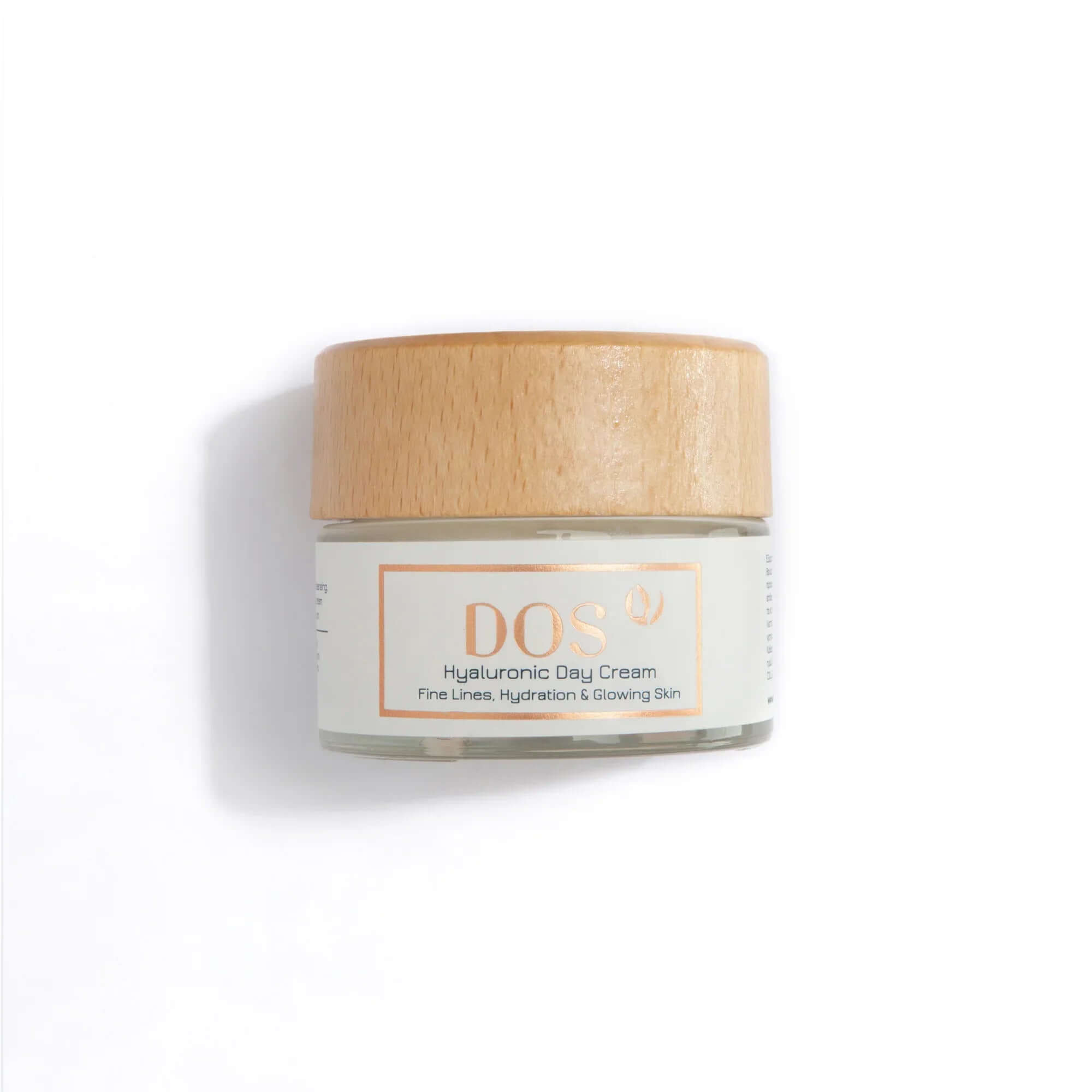 Hyaluronic Day Cream in a jar with wooden lid for fine lines, hydration, and glowing skin. DOS Cosmetics
