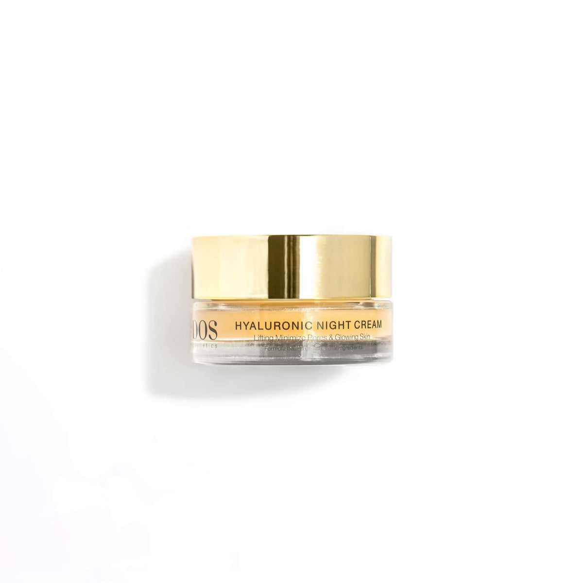 Hyaluronic night cream jar with gold lid for overnight hydration and skin renewal. DOS Cosmetics