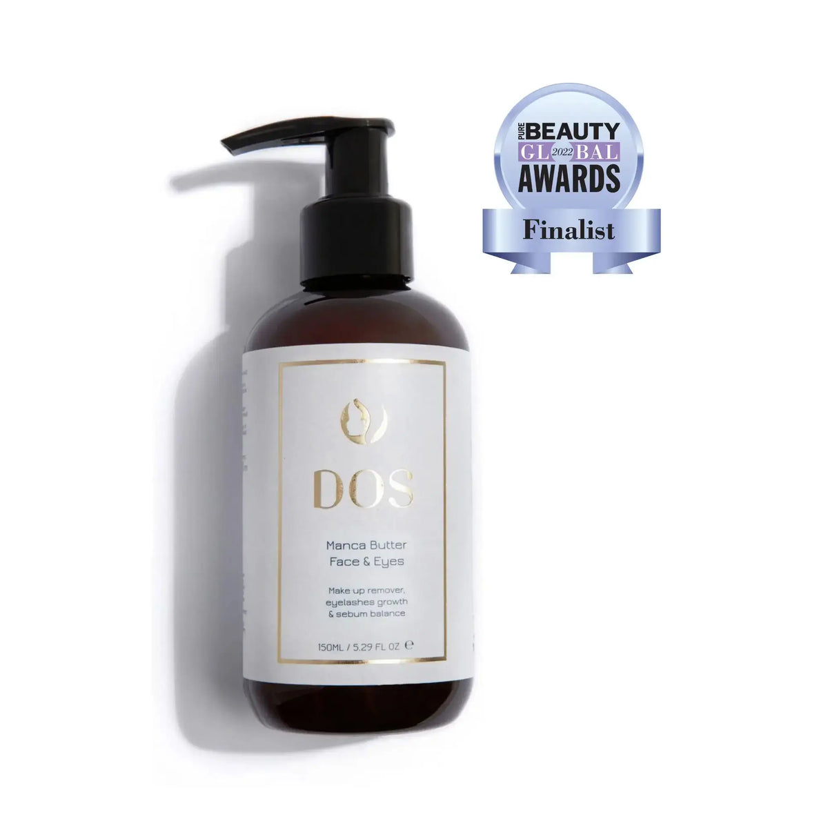 Makeup remover Manca Butter Face & Eyes in an award-finalist bottle, providing gentle cleansing for sensitive skin. DOS Cosmetics