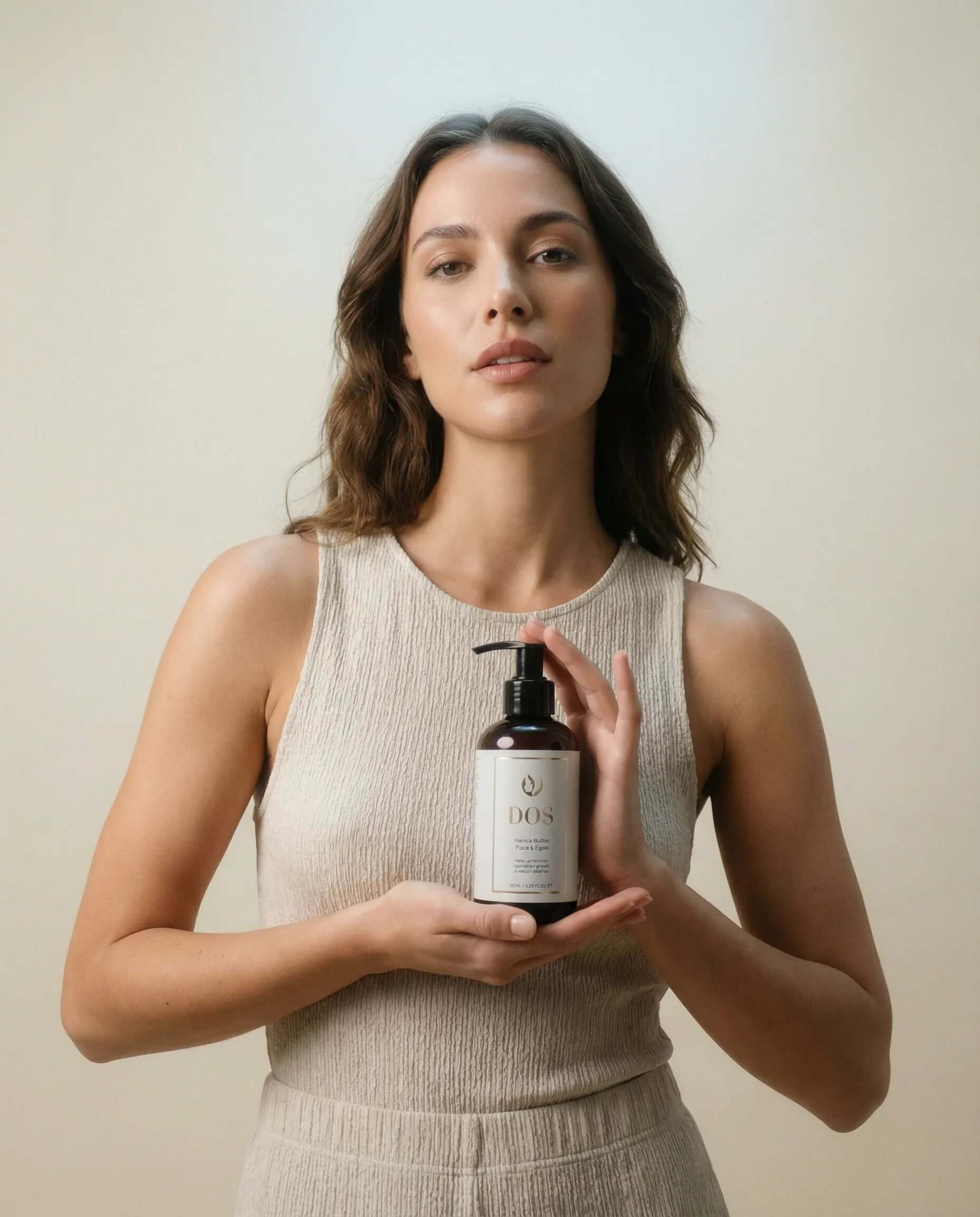 Model holding a bottle of award-winning makeup remover Manca Butter for face and eyes, showcasing effective cleansing for sensitive skin. DOS Cosmetics