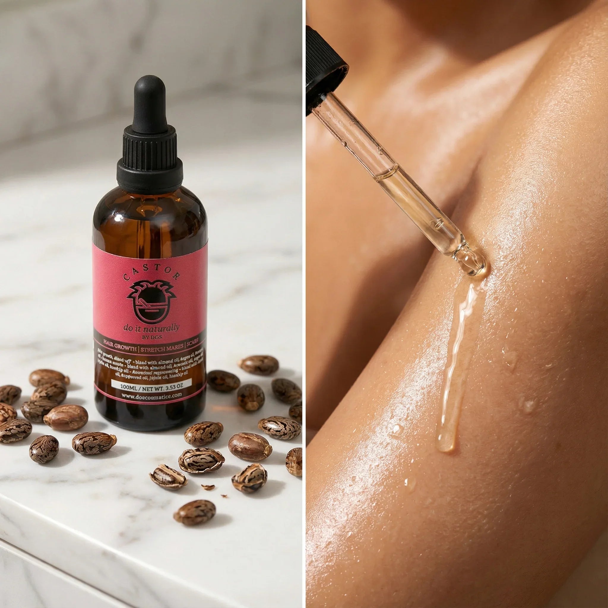 Cold-pressed castor oil - strengthening oil for hair growth and skin healing - mixed with other oils to reduce viscosity - DOS Cosmetics