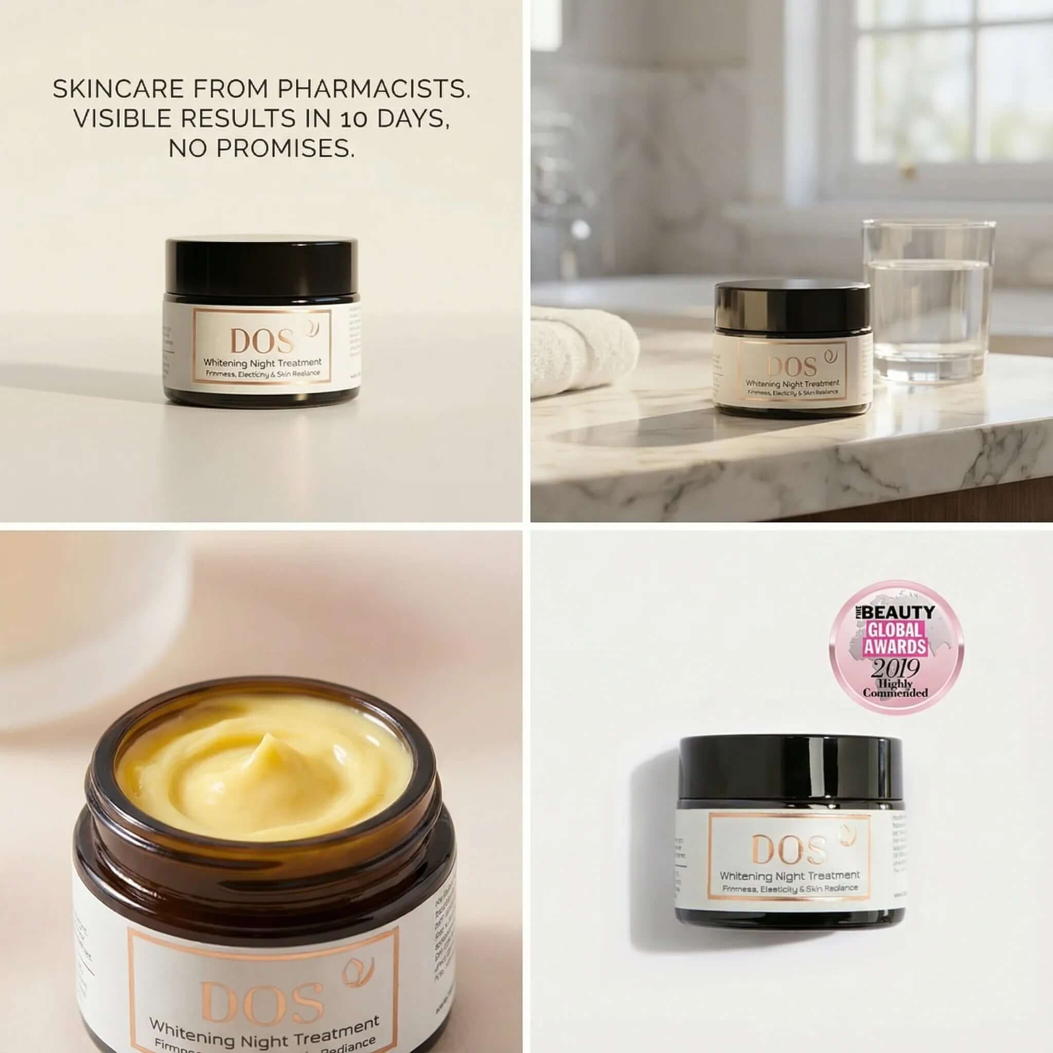 Whitening night cream displayed in jars on a countertop, showcasing its skincare benefits and award-winning formula. DOS Cosmetics