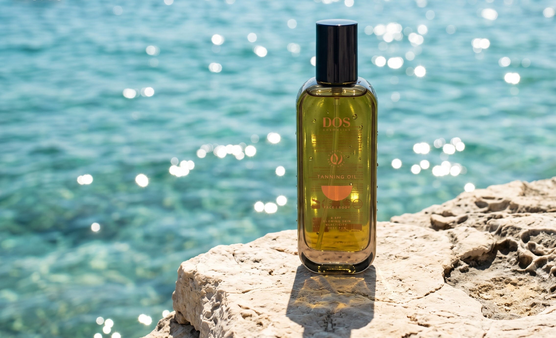 Bottle of dos cosmetics on a rocky surface with a blue ocean background