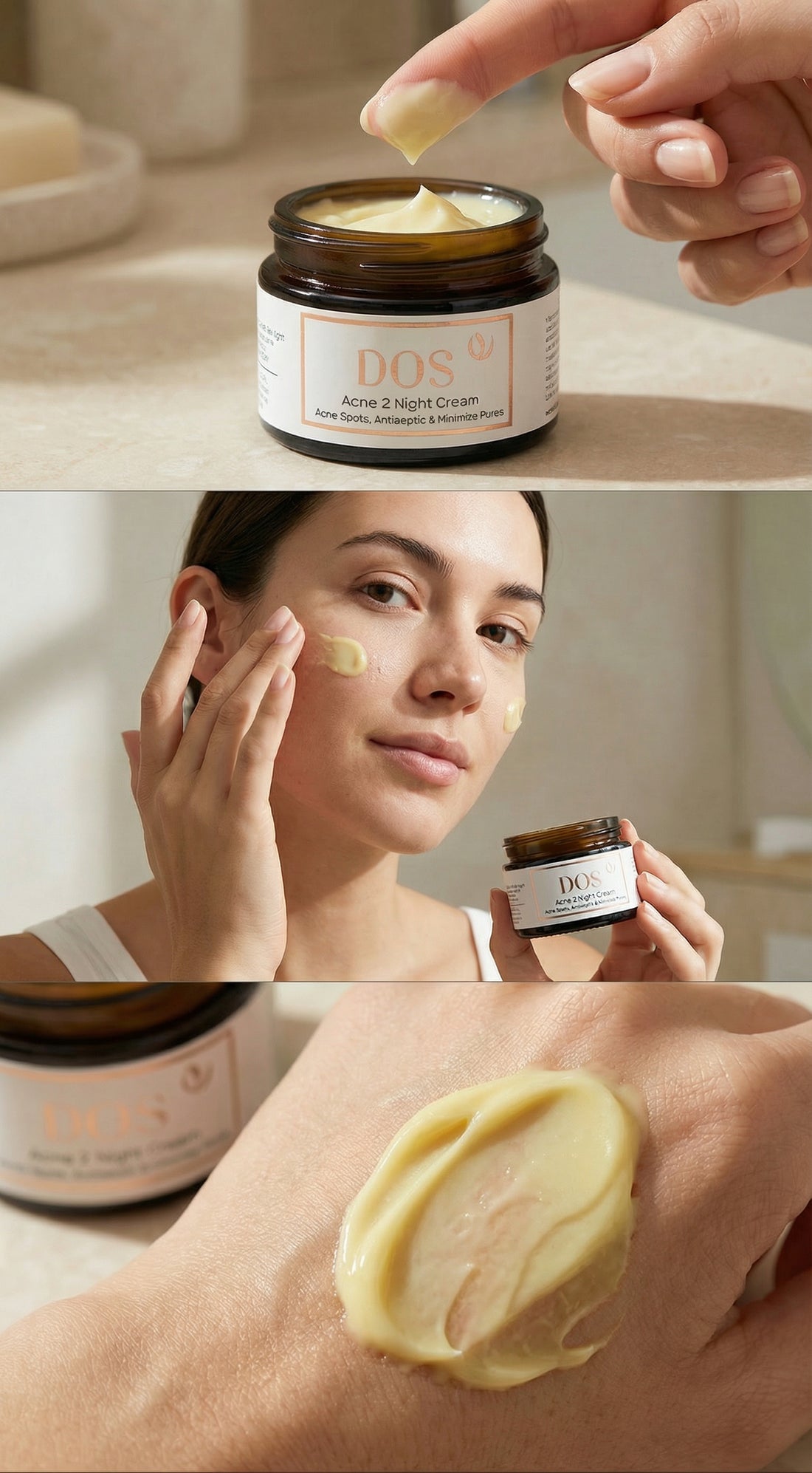 Acne-2 night  cream being applied to acne-prone skin with a focus on texture  and application process - DOS Luxury Cosmetics