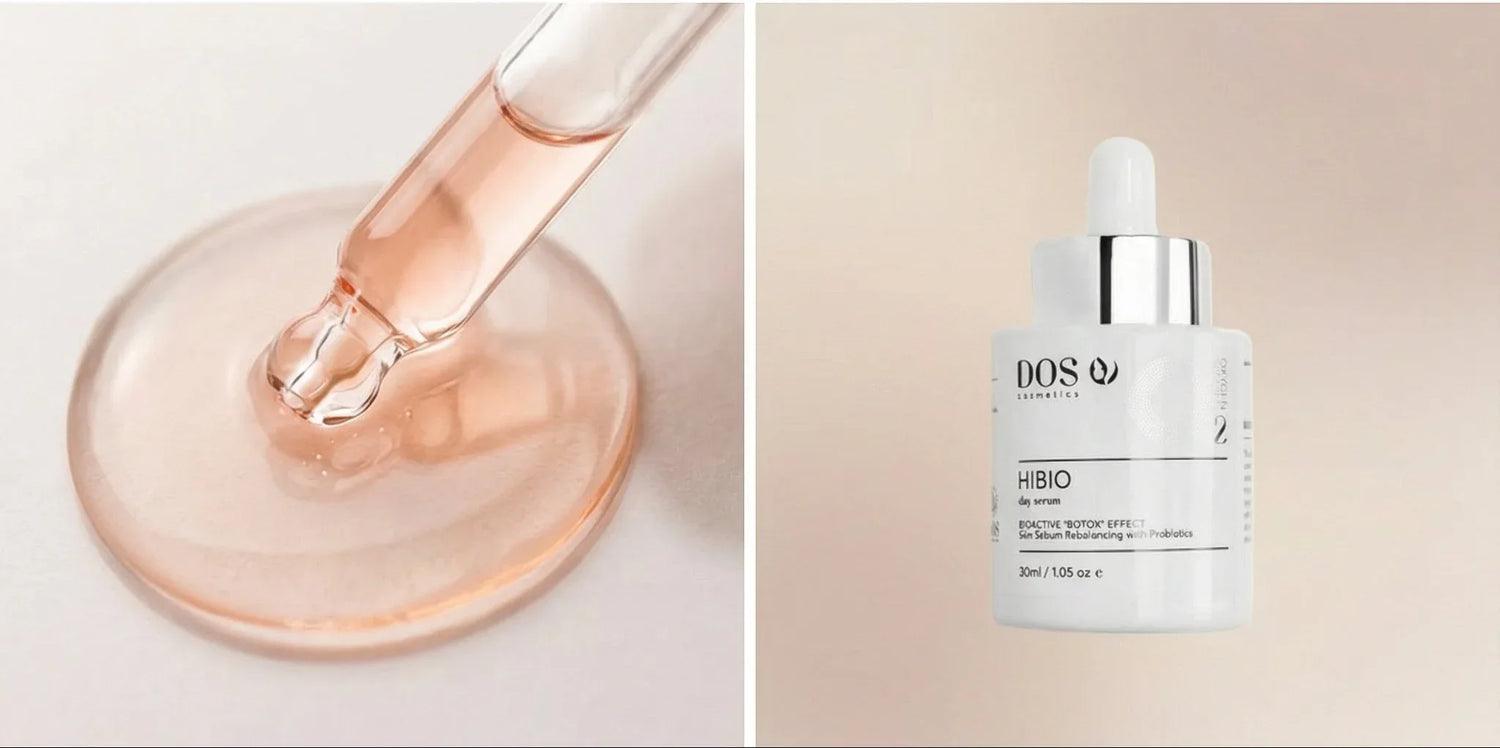 Hibio Day Serum of DOS Skincare serum bottles and dropper on a neutral texture
