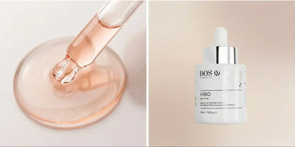 Hibio Day Serum of DOS Skincare serum bottles and dropper on a neutral texture