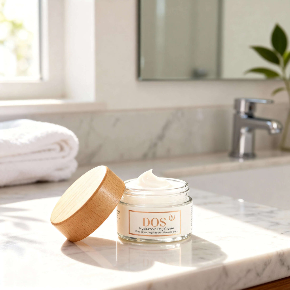 Hyaluronic day cream jar on marble bathroom counter with towels and sunlight. DOS Cosmetics