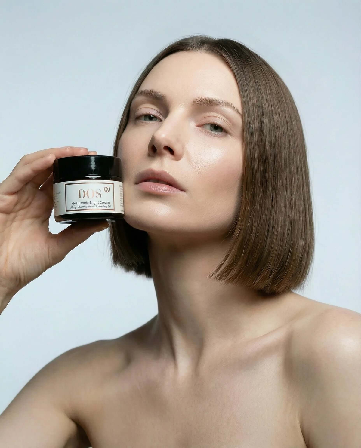 Model holding Hyaluronic Night Cream in a minimalistic setting, promoting hydration and skin renewal.  DOS Cosmetics