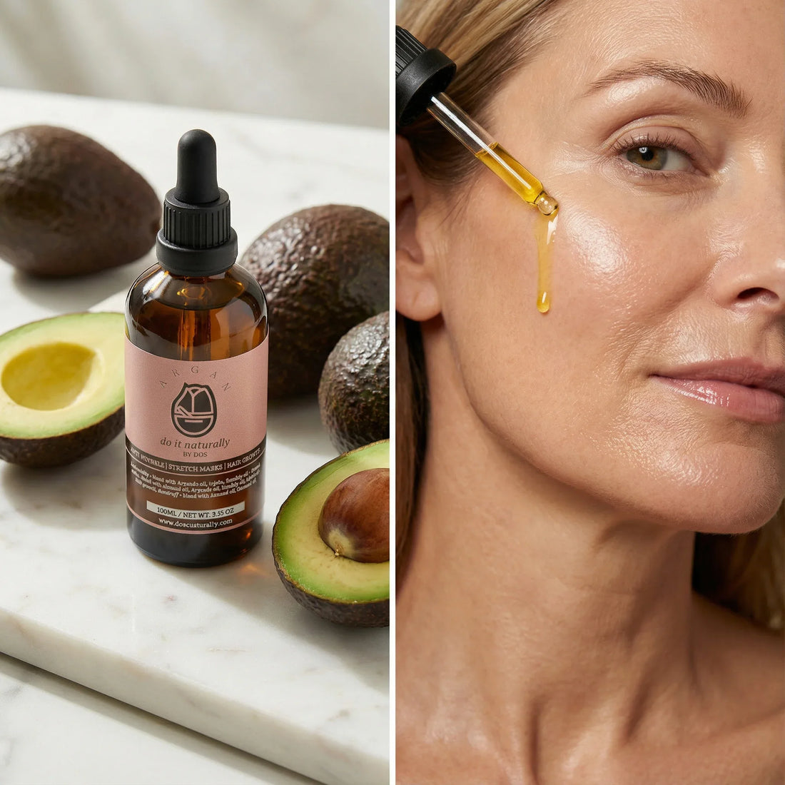 Argan oil bottle, argan seed, and a woman applying oil to her face - DOS Cosmetics