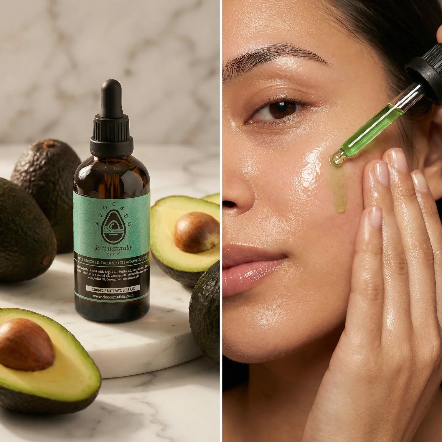 Avocado oil bottle with dropper and avocados on a marble surface, next to a woman applying the oil to her face - DOS Luxury Cosmetics