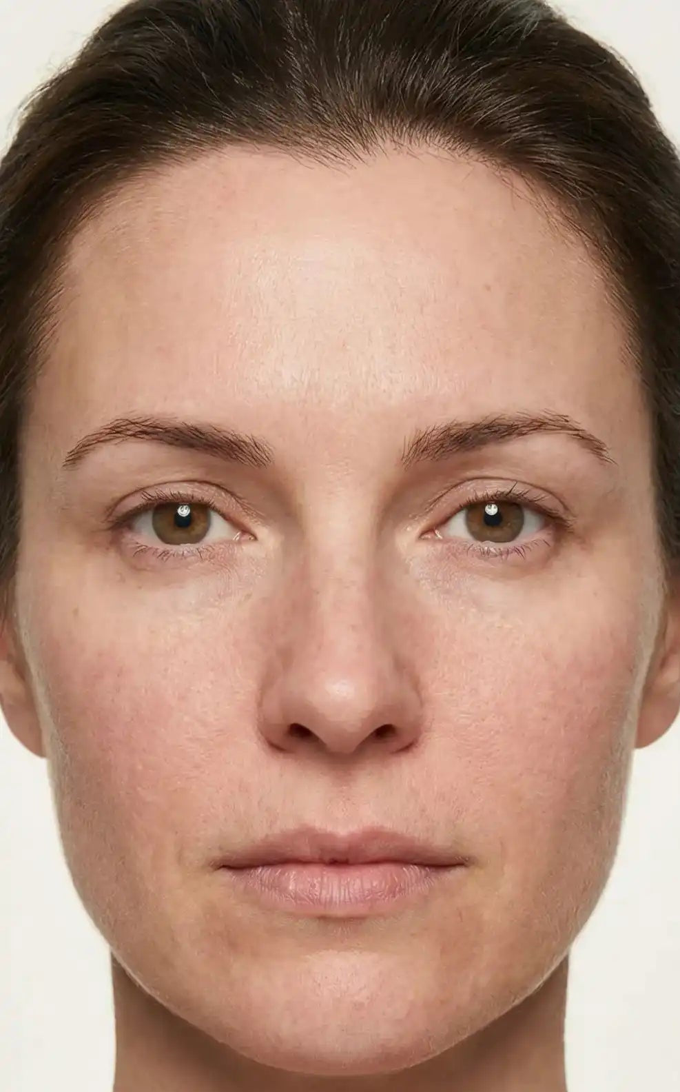 Before and after comparison of a woman's face on a plain background dos cosmeitcs