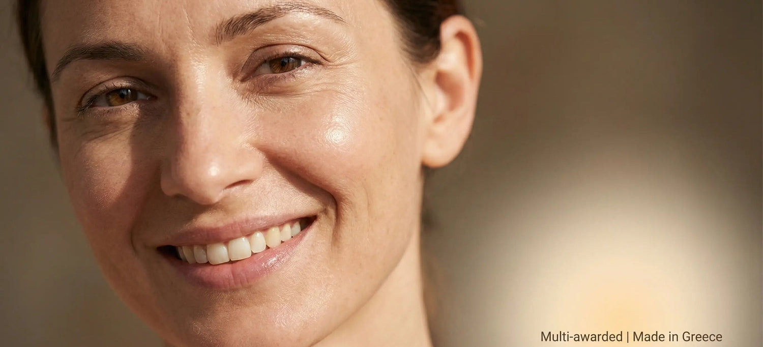 Close-up of a woman's face with a blurred background dos cosmetics
