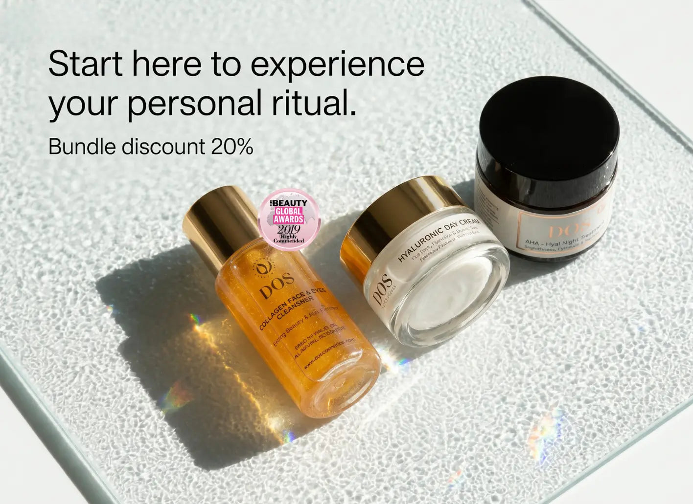 Three skincare products on a textured surface with promotional text. dos cosmetics winter protocol dry skin 