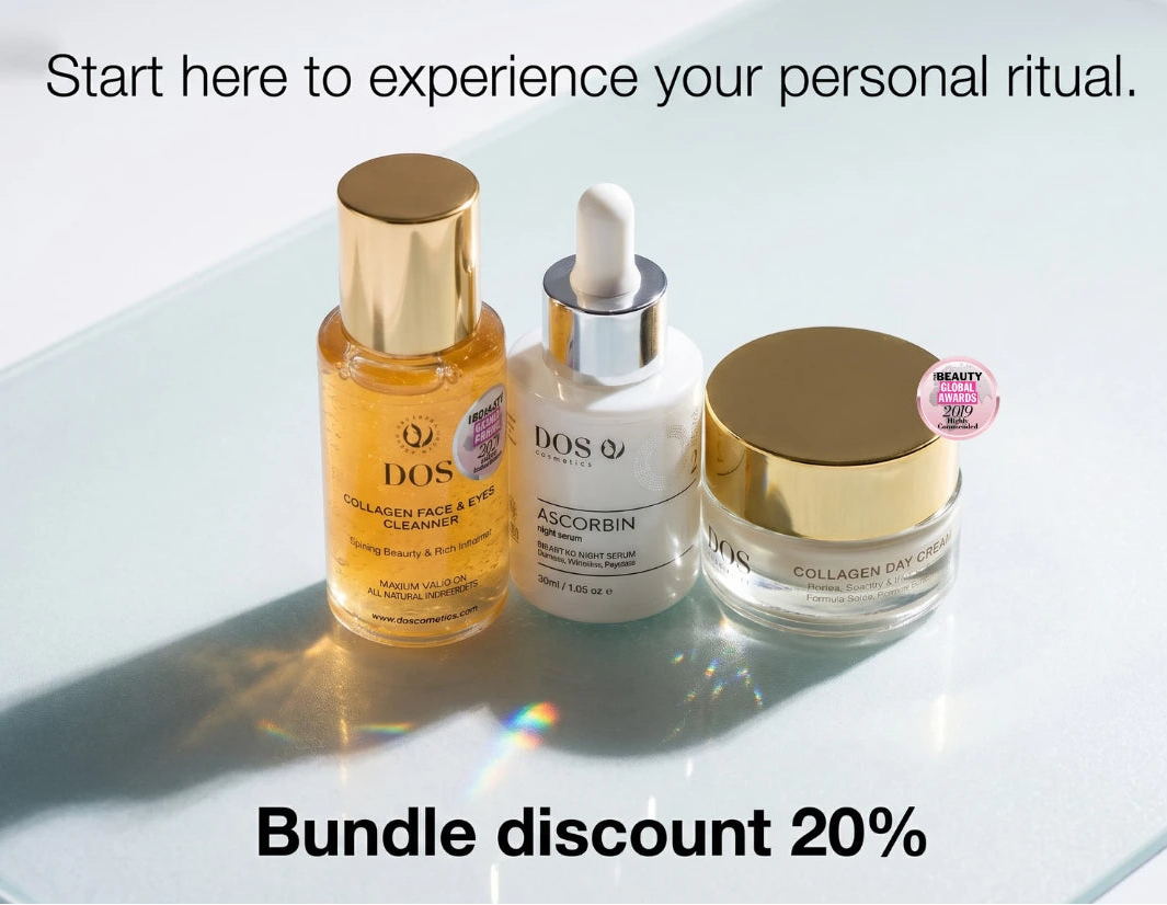 Three skincare products on a reflective surface with promotional text. Pigmentation protocol of dos cosmetics