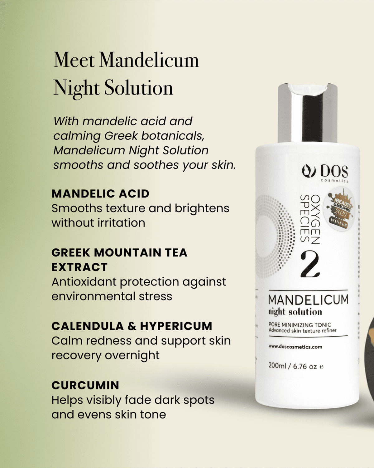 Mandelicum Night Solution bottle with product details on a light green background explanation