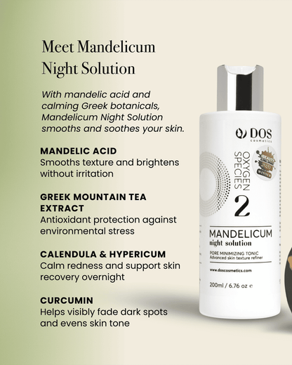 Mandelicum Night Solution bottle with product details on a light green background explanation