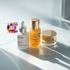 Skincare products on a reflective surface with promotional text and awards logo.